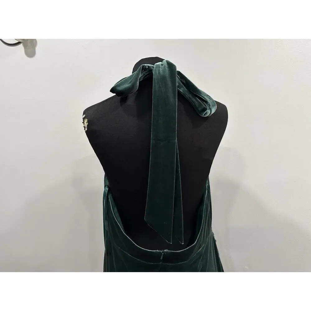 Mac Duggal 11924 Green Twist Neck Open Front Velvet Draped Velvet Dress Sz 12